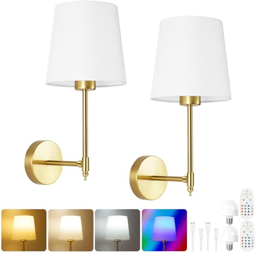 HOTUT Wandlampe Akku Innen, 2 Stück Wandleuchte kabellos Gold mit Glühbirnen und Fernbedienung, 15 Farben dimmbare, Batteriebetrieben Wiederaufladbare Wandleuchte für Wohnzimmer Schlafzimmer Flur