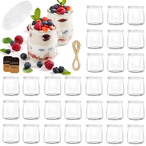 ZUSUZU Tarros de Yogur Transparentes con Tapa de 200 ml (Pack de 30) - Tarros de yogur con tapa, para pudding-yogur, tarros de cristal para conservas de tulipanes, mermeladas, jaleas, miel, postres
