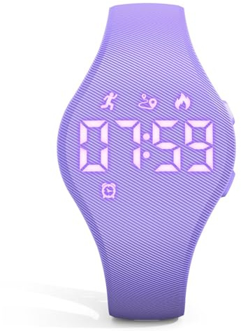 Focwony Digitale Fitness-Tracker-Uhr für Kinder mit LED-Anzeige, für 5–15 Jahre, wasserdichte Armbanduhr ohne App, mit Schrittzähler, Wecker, für Kinder, Jungen, Mädchen, Teenager (Lila)