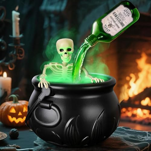 Halloween-dekorationer inomhus, magiska flytande dryckesflaskor med dimmtillverkare kittel läskig häxa kittel skål med grön rök för hem, kök, bordsfest dekoration (stor kruka med skelett)