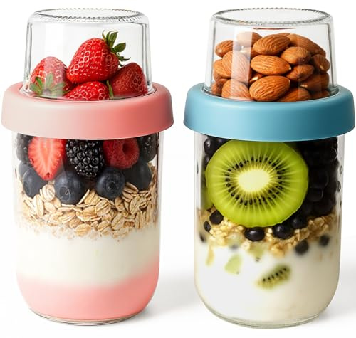 NADSSJL Overnight Oats Jar, 2PCS Oats Jar with Lids and Handle, 480ml Overnight Oat Container. Mason Jars for overnight oats, Breakfast jars are perfect for yogurt, fruit, nuts, cereal, and more.
