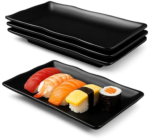 Chingcoo 4 stycken rektangulära tallrikar svart, serveringsplattor av melamin, förrättstallrik desserttallrik för sushi, kakor, sallad, frukt, antipasti och sidorätter, stapelbara och diskmaskinssäkra