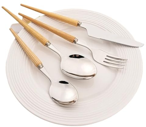 Couteau et Fourchette Ensemble de couverts en acier inoxydable avec manche bois, 4 pièces, couteau, fourchette, cuillère