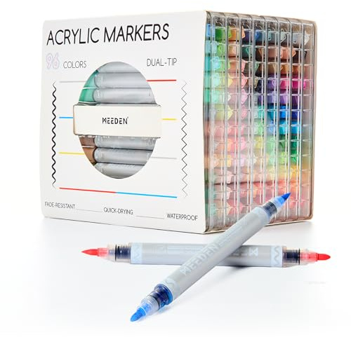 MEEDEN Lot de 96 stylos acryliques : pointe fine et pointe pinceau flexible Marqueur acrylique avec contrôle automatique des couleurs pour fournitures d'art, séchage rapide, stylo de peinture à double