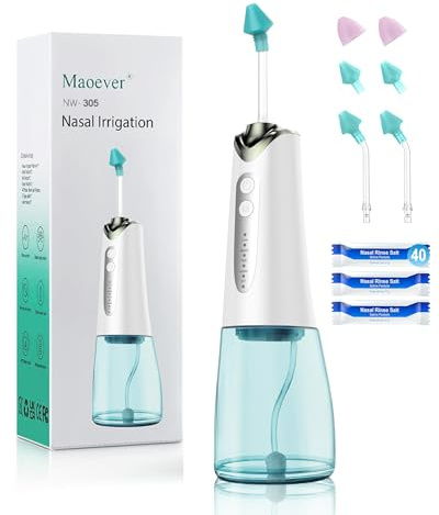 Nasal Irrigation System, Cordless Nasal Rinse Machine for Sinus Relief & Nasal Care, Electric Neti Pot with 6 Tips and 30 Salt Packs Nasal Irrigation Sinus Rinse System Kit for Adult & Kid（301ml）
