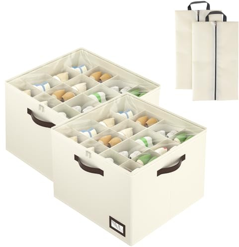 OIAHOMY 2 Pack Shoe Organizer for Closet, Large Foldable Shoe Storage Bins with Dividers and Reinforced Handles, Each Clear Cover Sneaker Box Fits Up to 16 Pairs for Entryway and Bedroom, Beige