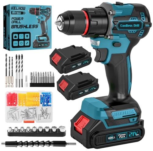 Perceuse Visseuse Sans Fil Brushless 21V, Perceuse Percussion 60 Nm, 2 Batteries 2.0Ah, Mandrin Métal 10 mm, 2 Vitesses 25+3 Couples, Visseuse Dévisseuse avec 87 Accessoires Bricolage (Bleu)