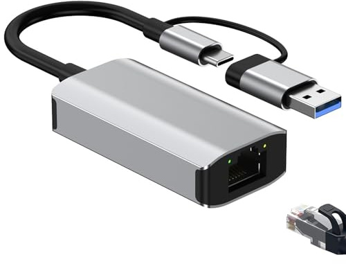 USB C Ethernet-adapter USB 3.0 RJ45 Gigabit 1 000 Mbps aluminium | 2-i-1 LAN-adapter för USB C och USB A med RJ45 Gigabit 1000 Mbps LED och 135 mm kabel