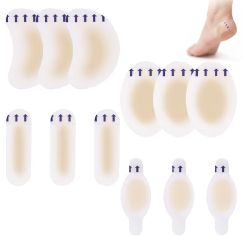 12 Pansements Ampoules Pieds, Pansement Hydrocolloïde Gel Anti-Frottement pour Talon et Orteils, 4 Formes Assorties, Protection Invisible et Imperméable, Soin des Pieds et Prévention