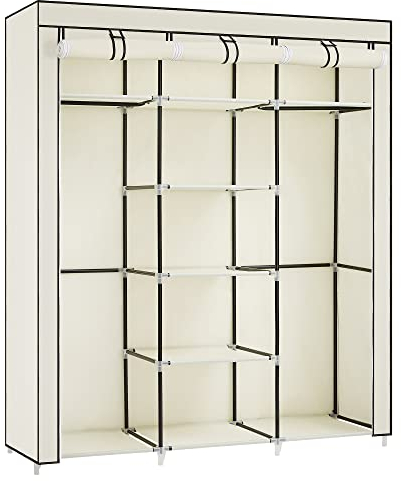 Songmics Armario de Tela, Armario Portátil con Barra Colgante, Perchero Plegable, para Vestuario, Dormitorio, Cuarto de Estudio, 150 x 45 x 175 cm, Beige RYG12M