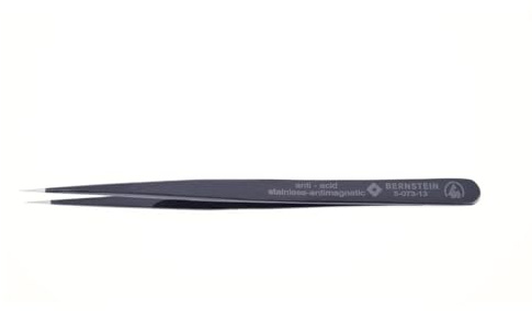 Bernstein Werkzeug SMD-Pinzette gerade lang, schmal, super-spitz mit ESD-Beschichtung, 140 mm, Form SS Edelstahl, Ableitfähig zwischen 10^6 bis 10^9 Ohm | Feinmechaniker Pinzette