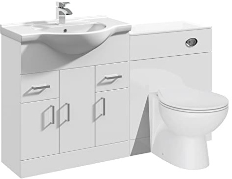 VeeBath Linx 1350 Vanity Unit Furniture Set, Wash Basin Bathroom Sink, WC, Toilet Pan, Soft Close, Quick Release Toilet Seat with Concealed Cistern-White (Flat Pack)