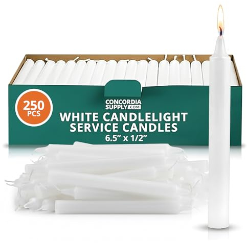 Concordia Supply Church Candles for Candlelight Service Vigil - 6.5 x 1/2 Bulk White Candles for Memorial, Congregational, Shabbat, Wedding, Communion, Baptism & Christmas Ceremonies - Box of 250