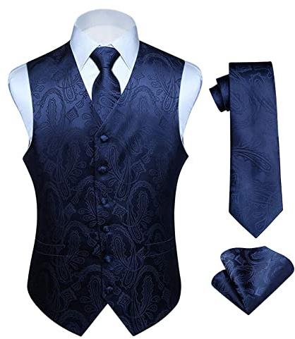 HISDERN Herren FLoral Hochzeit Weste Krawatte Einstecktuch Taschentuch Jacquard Weste Anzug Set