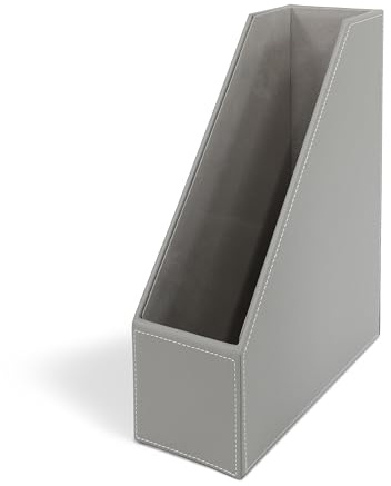Osco Faux Leather Magazine File Holder, A4 Standing File Box & Shelf Organiser for Documents, Brochures & Catalogues Storage with Felt Base, Magazine Rack for Home Office, Grey