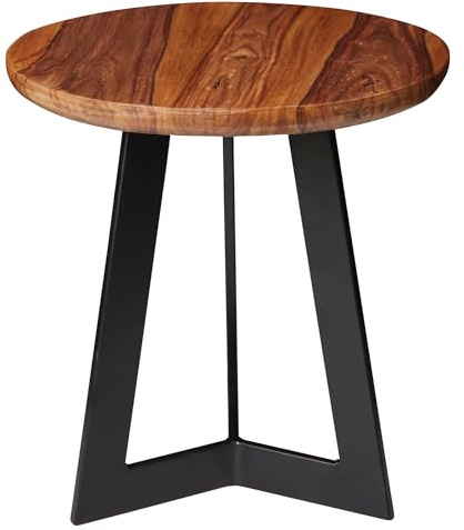 FineBuy Beistelltisch Größe S Sheesham Holz Metall Couchtisch, Industrial Style Echtholz Hocker Wohnzimmer, Holztisch Sofatisch Metallbeine, Anstelltisch Dekotisch Rosenholz Braun