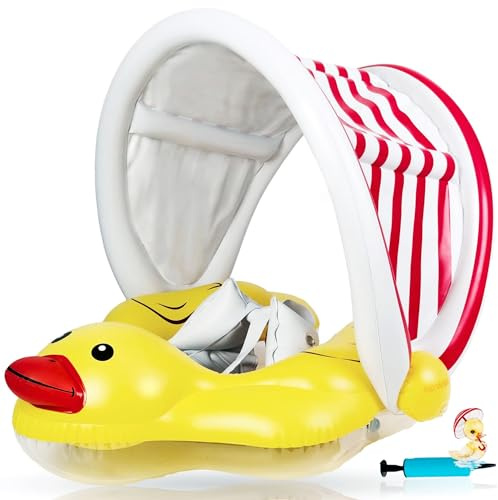 EDWEKIN® Einzigartiger Baby Schwimmtrainer mit abnehmbarem Sonnendach, Ente Schwimmring Baby, Baby Schwimmhilfe mit Sonnenschutz, Schwimmreifen für Babys, Kleinkinder, S