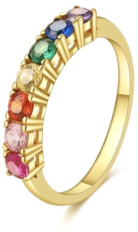 E Bunte Ringe Damen Silber 925 Eternity Regenbogenring mit Glänzendem Zirkonia, 14 Karat Vergoldet Silber Rainbow Regenbogen Ring für Frauen