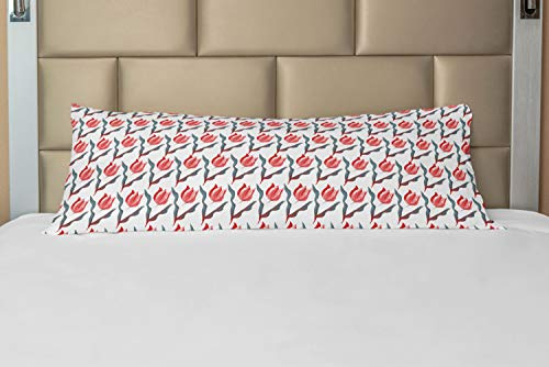 Lunarable Tulip Body Pillow Case Cover with Zipper, Retro Endless Regular Aesthetic Dutch Tulip on Plain Background Artisan Style, Decorative Accent Long Pillowcase, 21 x 54, Teal Red