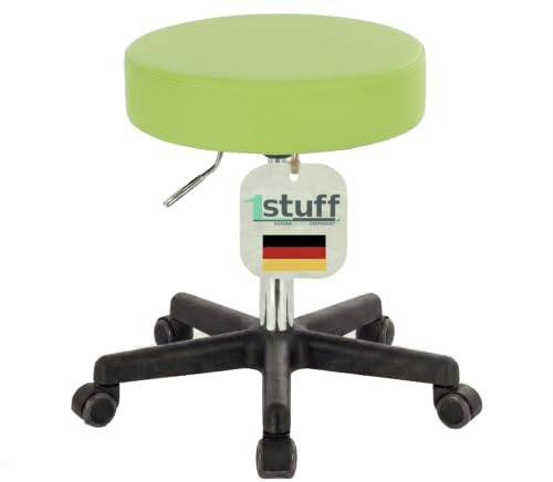 1stuff XL Profi Rollhocker, 40cm Sitzbreite, Sitzhöhe bis 70cm, Grün | 1stuff-Qualität vom Fachhändler, Studiohocker höhenverstellbar, Drehhocker 360°, Bürohocker, große Sitzfläche, PU-Rollen