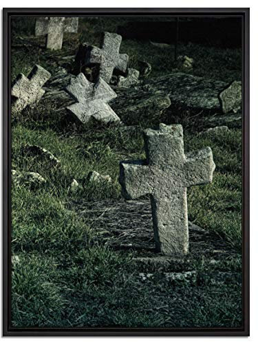 Pixxprint Friedhof schwarz weiß Leinwandbild 80x60 cm im Bilderahmen, Wandbild, Schattenfugenrahmen, Kein Poster
