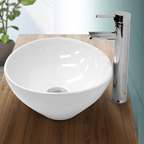 ECD Germany Lavabo da Appoggio in Ceramica Bianco Lucido Ovale ca. 410 x 330 x 142 mm Design Moderno Lavandino Lavello Lavamano Bacinella Rubinetteria Sanitari Bagno Toilette Casa