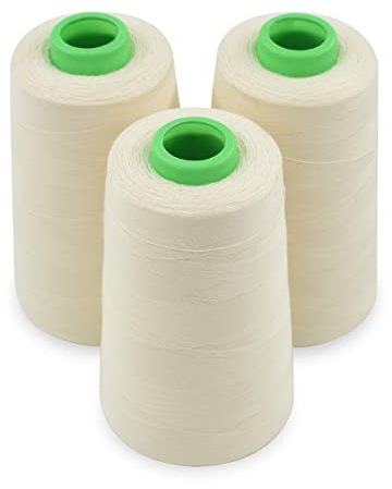 Raw White Allzweck-Baumwollgarn, 3 Spulen, 40/2 Verbindungsfäden für Serger, Overlock, Quilten, Nähmaschinen und Handreparaturarbeiten, 3000 Yard/Spule