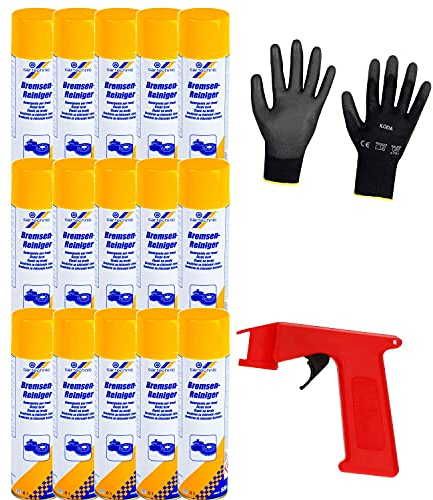 Iloda® Schutzhandschuhe + Sprüh-Pistolengriff (rot oder schwarz) + 15x 500ml cartechnic Bremsenreiniger Spray, Entfetter, Ölentferner, Fettentferner