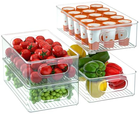 FINEW Kühlschrank Organizer 4er Set, Große Speisekammer Vorratsschrank mit Griff, Durchsichtig Boxen Aufbewahrungsbox Küchen Organizer für Küchen, Kühlschrank, Schränke, Speisekammer - BPA Frei