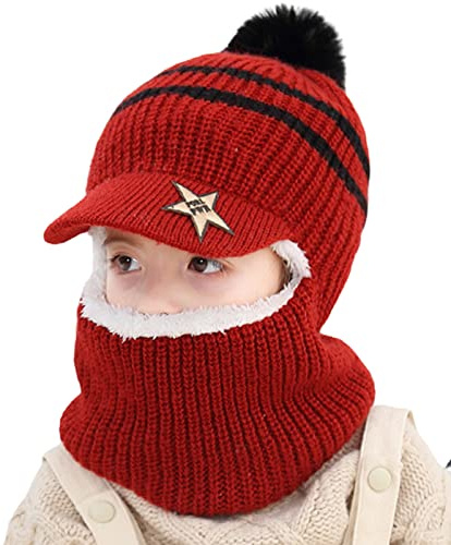 JFAN Beanie Beanie Mössa Vinter Stickad Mössa Barn med Visir Pojke Och Flicka Virka Sjal Söt Varm Ullmössa Flerfärgad Sjal, Rödvin, one size