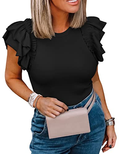 Womens Ruffle Short Sleeve Shirts Slim Fit High Neck Knit Ribbed Tops (Black, Medium)