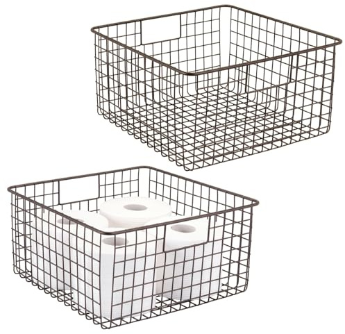 mDesign Drahtkorb für Badzubehör – praktische Gitterbox mit Griffen aus Metall für Toilettenpapier oder Kosmetik – moderne Badablage für Badaccessoires – 2er-Set – bronzefarben