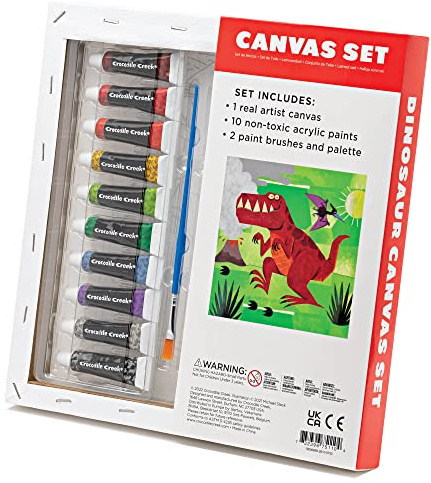 Crocodile Creek Dinosaurier-Leinwand-Malset für Kinder ab 6 Jahren – Acryl-Malset enthält 10 ungiftige Acrylfarben, 2 Pinsel, 1 Palette und 1 Leinwand