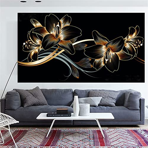 Diamond Painting Kit Completo,Pittura Diamante Painting Fiori di giglio di foglie d'oro nero,Grandi Painting Diamond 5D Fai da Te Strass Punto Croce Painting Art per Casa Decor Murale,30x60cm/12x24in