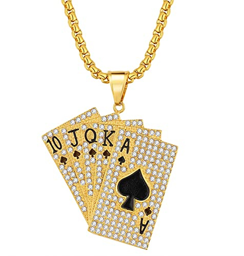 OIDEA Herren Damen Halskette, Unisex Hip Pop Pik Herz Ass Poker Spielkarte Anhänger Kette, Karte Royal Flush Poker mit Weizenkette, Silber/Gold