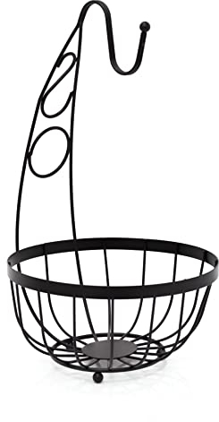 Carousel Home Black Flat Iron Fruit Basket with Banana Hanger | Metal Fruit Bowl with Banana Hook | Wire Vegetable Rack Fruit Bowl with Banana Tree