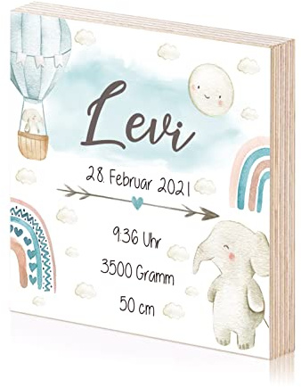 Holzbild personalisiert mit Namen und Geburtsdaten als Geschenk zur Geburt oder Taufe als Geburtsanzeige Geburtsbild Baby (JUNGE, Elefant)