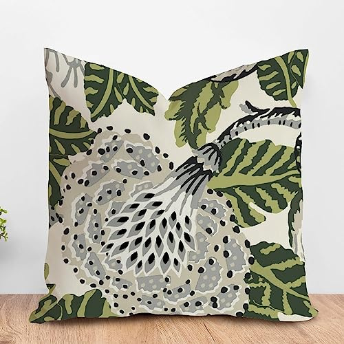 ArogGeld White and Green Flower Sofa Pillowcase Grey Black Floral Green Leaf Decorative Throw Pillow Cushion Chinoiserie Chic Asian Farmhouse Euro Sham Pillow for Sofa Chair 22x22in White Flax