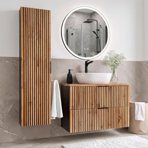 Lomadox Badmöbel Set 3-teilig anthrazit Wotan Eiche Nb. schwarz gerillt Waschtisch Unterschrank 80 cm Hochschrank LED Spiegel rund B/H/T 130/200/46,5 cm