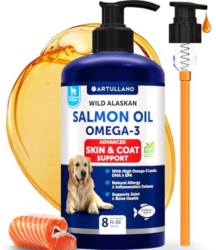 Salmon Oil for Dogs - Omega 3 for Dogs - 8 FL OZ Wild Alaskan Salmon Fish Oil - Natural EPA & DHA Fatty Acids for Skin & Coat, Allergy, Joint & Bone Health - Liquid Support Supplement for Shedding