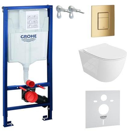 LAVITA Elemento da parete Solido + parete sospesa WC Sinto Grande, bianco, senza bordi e sedile WC SoftClose, pulsante dorato, set completo, cassetta di risciacquo da incasso, set completo