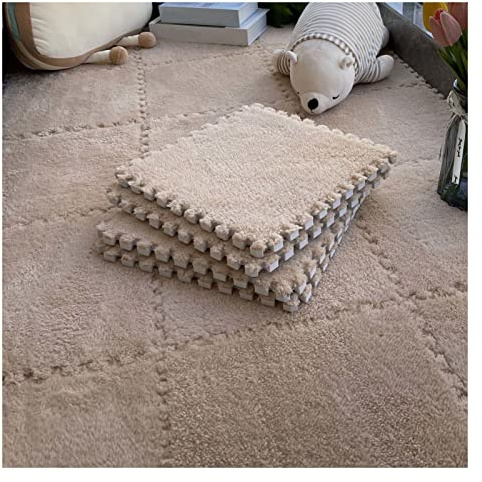 Plysch sammankopplade mattplattor 12 x 12,10 mm tjock skummatta, pussellekmatta, mjuk golvmatta i ljusblå+lila – halkfri, anti-fall, perfekt för att krypa och leka