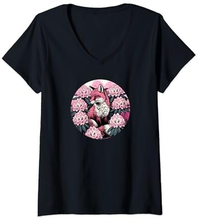 Womens Cute red fox and Rhododendron V-Neck T-Shirt