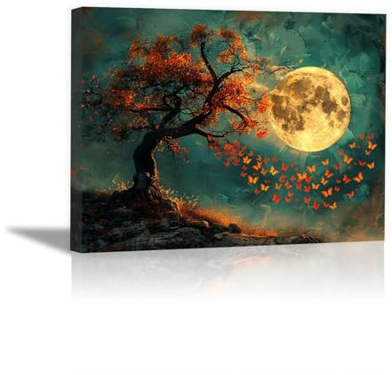 JOSUE Quadri Con Albero Della Vita Astratto dell'albero della luna Pittura Quadri Su Tela,Oro Poster Da Parete Camera Da Letto Casa Ufficio Decorazioni-75x115cm Incorniciato