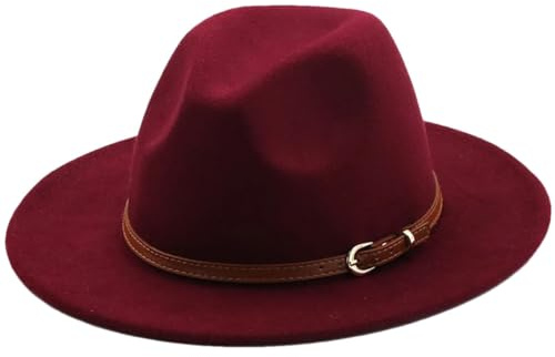 Hgvcfcv Sombrero Fedora de ala para mujeres y hombres, sombreros de fieltro de lana sintética con cadena de metal, sombrero de Panamá Jazz Chapeau, rojo vino, 6 7/8 / 7 1/8
