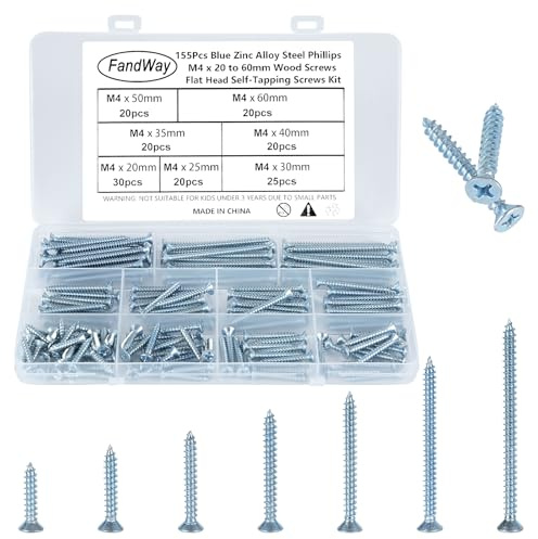 FandWay 155-teilige M4-Trockenbauschrauben, blaue Zink-Holzschrauben, Kreuzschlitz-Flachkopf-Blechschrauben, Senkkopf-Gewindeschrauben, Sortiment-Set für Trockenbau, Trockenbau, Holz, Möbel und