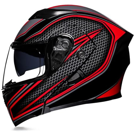 RYDZCLH Motorradhelm Mit Doppelvisier, Modularer Klapp-Integralhelm, DOT-Geprüft, Für Männer Und Frauen, Für Motorräder, Straßenmotorräder, Mopedrennen,Rot,L 60~61cm