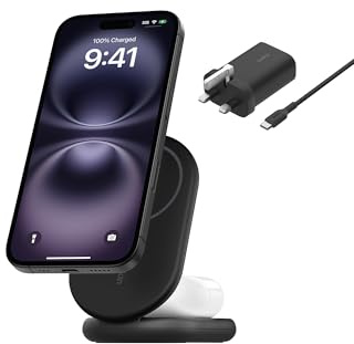 Belkin BoostCharge 2-in-1 Magnetic Foldable Qi2 Charger 15W, MagSafe Compatible Wireless Charger, Fast Charging for iPhone 17, Air, 16, 15, Charging Station with Non-Slip Base, PSU Included - Black