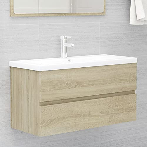 Sufrk Armario de fregadero con lavabo integrado Roble Sonoma Aglomerado,Mueble Lavabo de baño,Mueble de baño Lavabo
