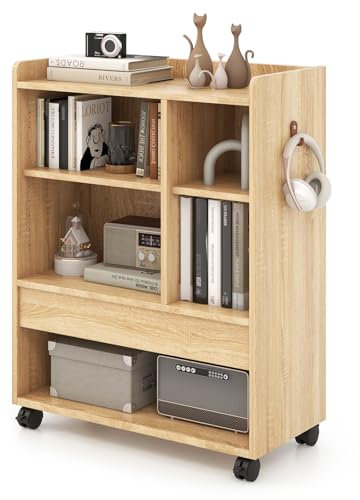 COSTWAY mobiler Rollcontainer mit Schublade, Büroschrank mit verstellbaren Regalen, offenen Fächern & Haken, Aktenschrank auf Rädern für Wohnzimmer, Arbeitszimmer, Büro (Natur)